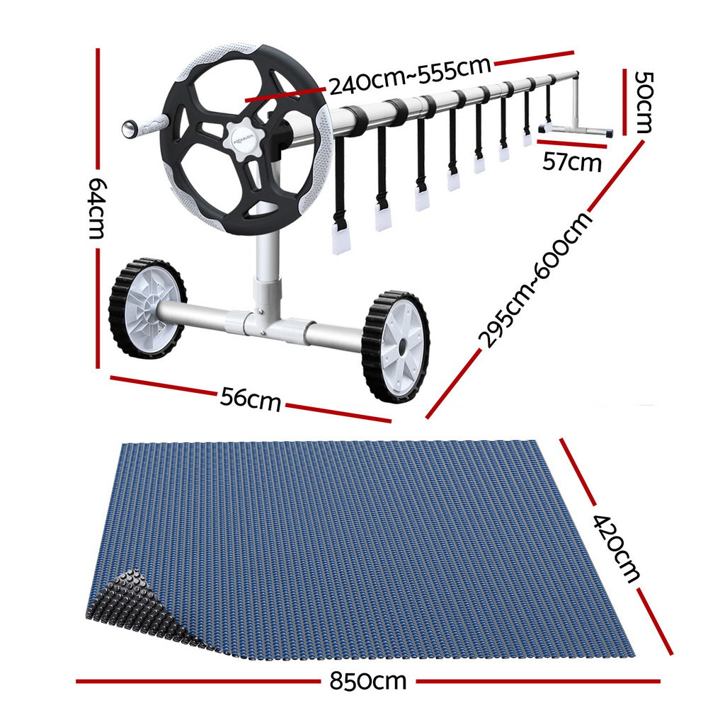 Aqua Buddy Pool Cover 600 Micron 8.5x4.2m w/ Roller 5.55m Swimming Pools Black Solar Blanket PC-85X42-L-BK-BL-ROLLER