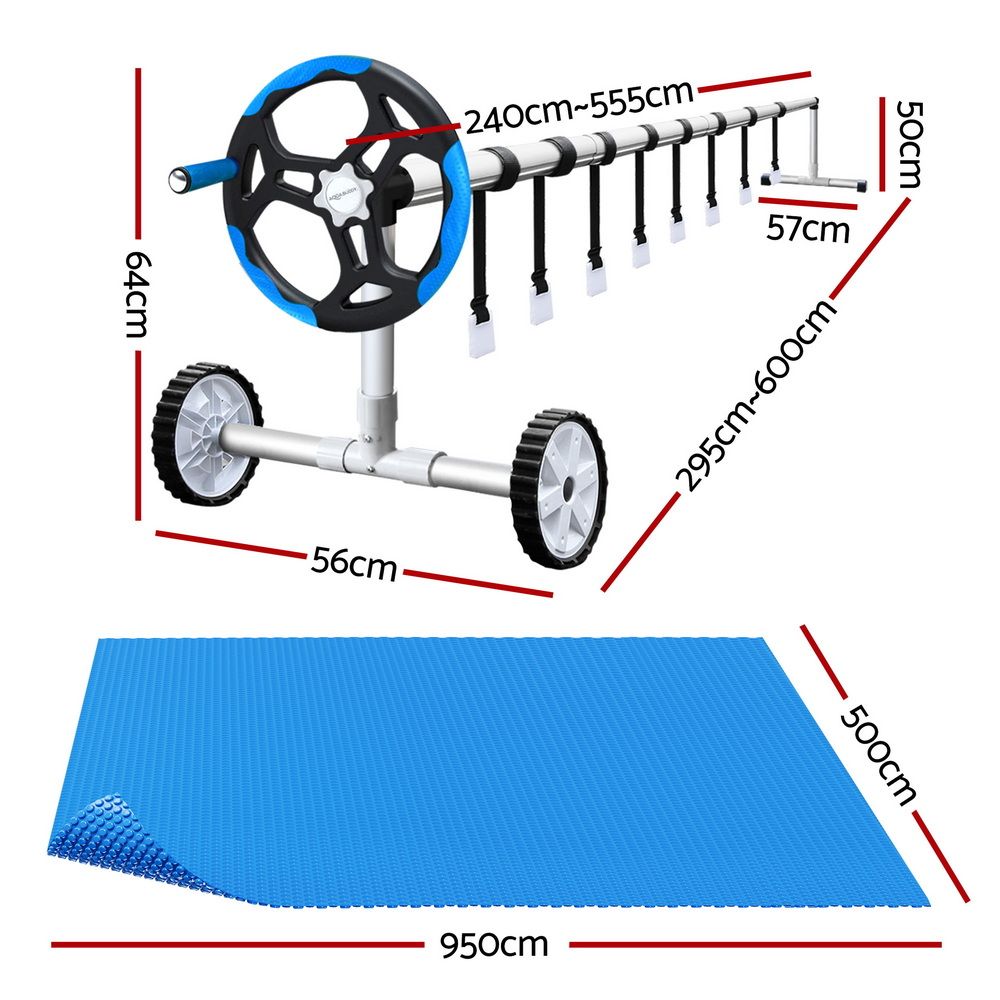 Aquabuddy Pool Cover 500 Micron 9.5x5m Swimming Pool Solar Blanket 5.5m Roller Blue PC-95X50-L-BL-ROLLER-BU