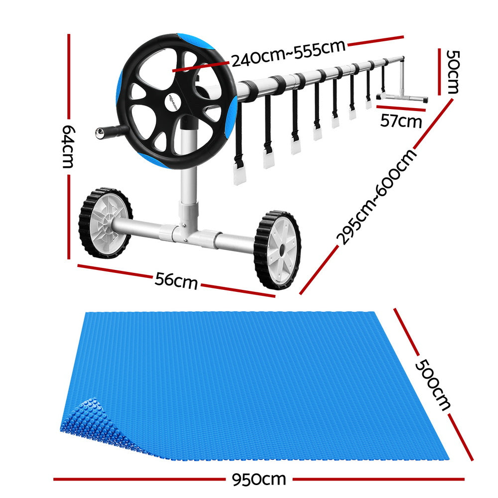 Aqua Buddy Pool Cover 600 Micron Solar Heat 9.5x5m Blanket w/ 5.55m Roller Blue PC-95X50-XL-BL-ROLLER-BU