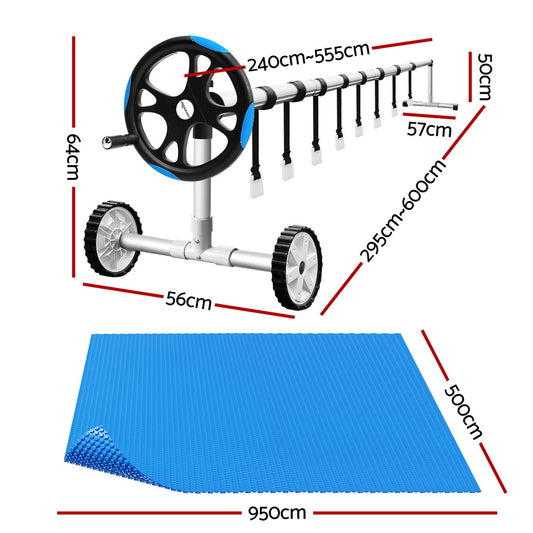Aqua Buddy Pool Cover 600 Micron Solar Heat 9.5x5m Blanket w/ 5.55m Roller Blue PC-95X50-XL-BL-ROLLER-BU