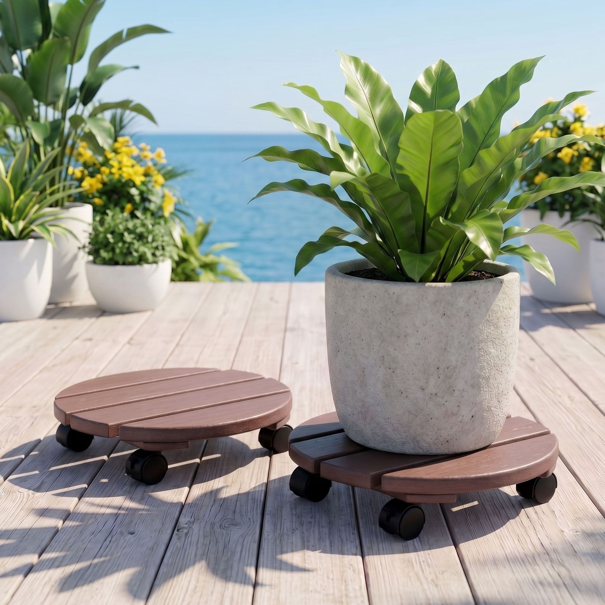 Gardeon 2PC Plant Carts HDPE Plant Caddy With Lockable Wheels Rolling Brown PC-HDPE-WHEEL-2RO-BR