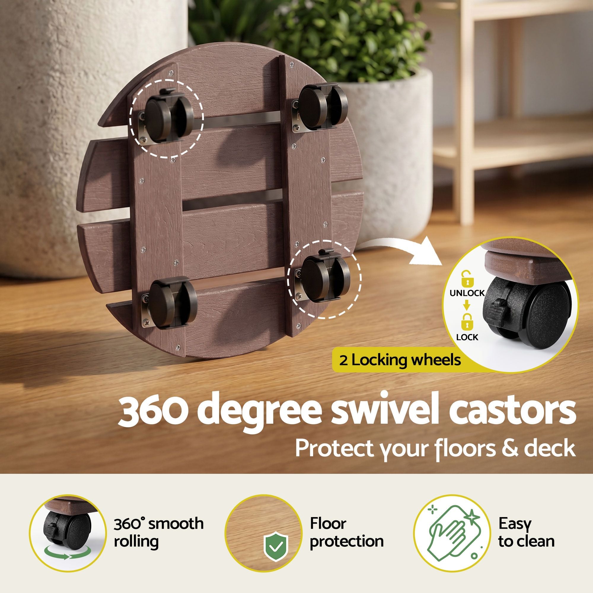 Gardeon 2PC Plant Carts HDPE Plant Caddy With Lockable Wheels Rolling Brown PC-HDPE-WHEEL-2RO-BR