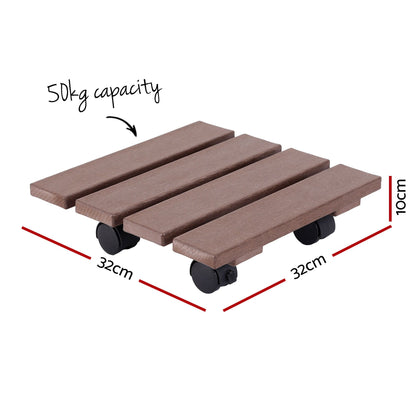 Gardeon 2PC Plant Carts HDPE Plant Caddy With Lockable Wheels Rolling Brown PC-HDPE-WHEEL-2SQ-BR