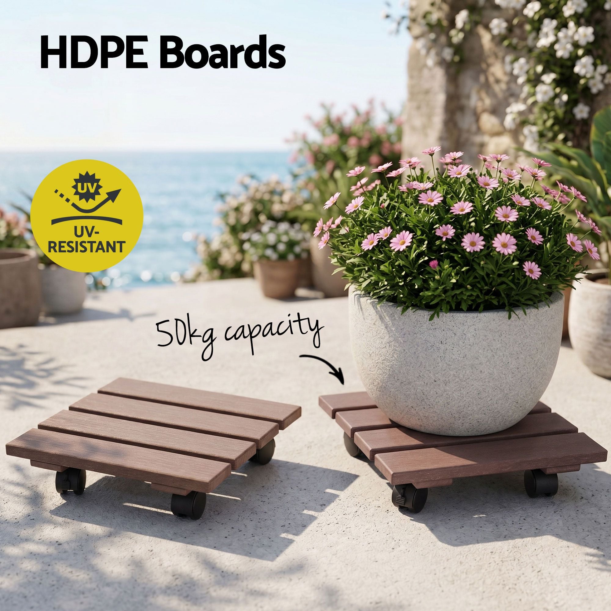 Gardeon 2PC Plant Carts HDPE Plant Caddy With Lockable Wheels Rolling Brown PC-HDPE-WHEEL-2SQ-BR