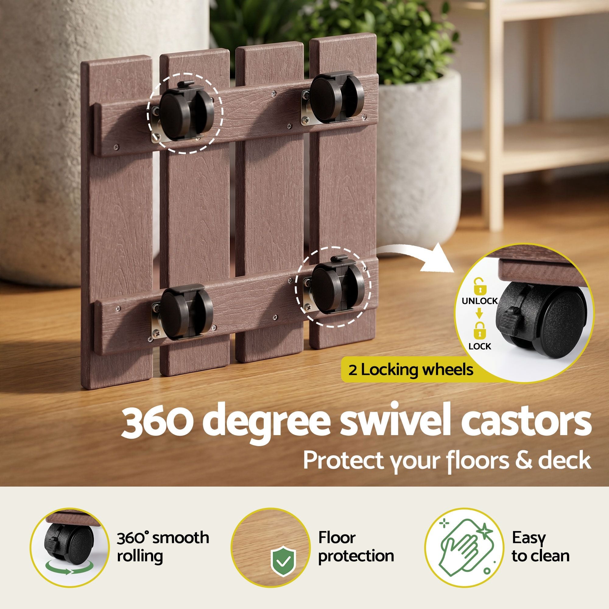 Gardeon 2PC Plant Carts HDPE Plant Caddy With Lockable Wheels Rolling Brown PC-HDPE-WHEEL-2SQ-BR