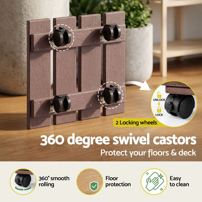 Gardeon 2PC Plant Carts HDPE Plant Caddy With Lockable Wheels Rolling Brown PC-HDPE-WHEEL-2SQ-BR