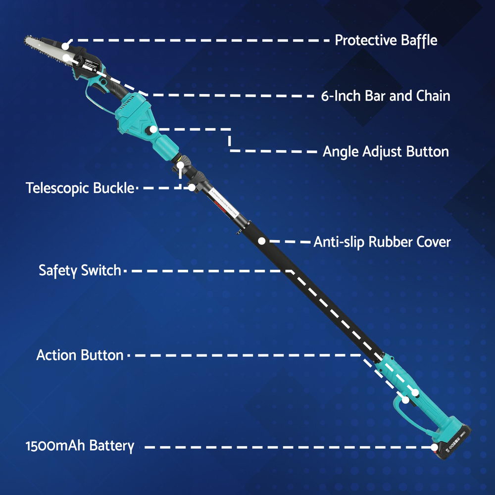 Giantz Telescopic Pole Chainsaw 6 Inch Cordless Tree Trimmer Kit 20V Battery PCAW-20V-6IN-GB