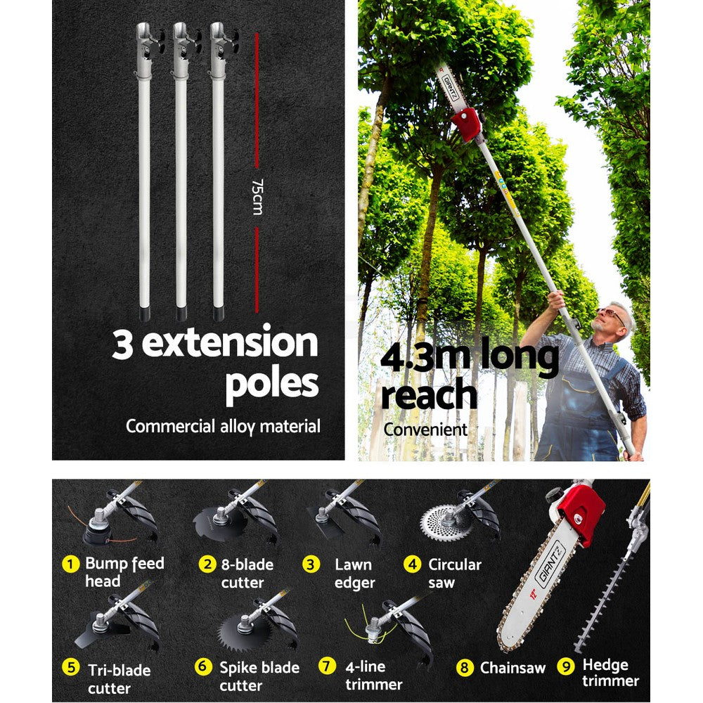 Giantz 4 Stroke Pole Chainsaw Petrol Hedge Trimmer Tree Pruner 12'' 9 In 1 PCAW-4S-40CC-GSAW