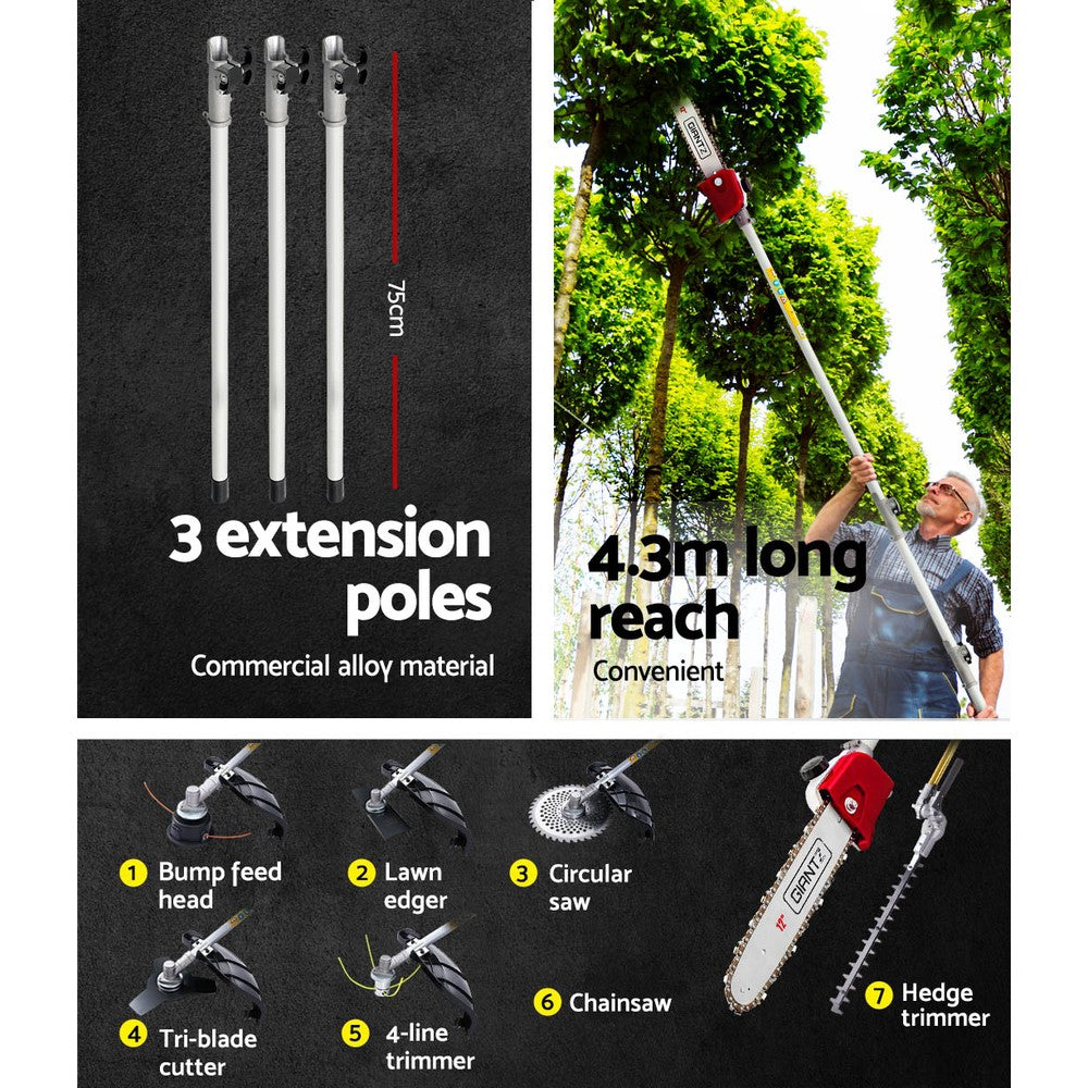 Giantz 4 Stroke Pole Chainsaw Petrol Hedge Trimmer Tree Pruner 12'' 7 In 1 PCAW-4S-40CC-TM