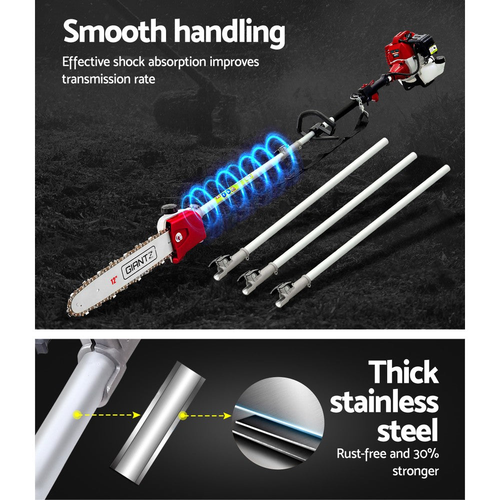 Giantz Pole Chainsaw 2 Stroke Petrol Tree Pruner Long Reach Saw 12 Inch Bar 9 In 1 PCAW-62CC-GSAW