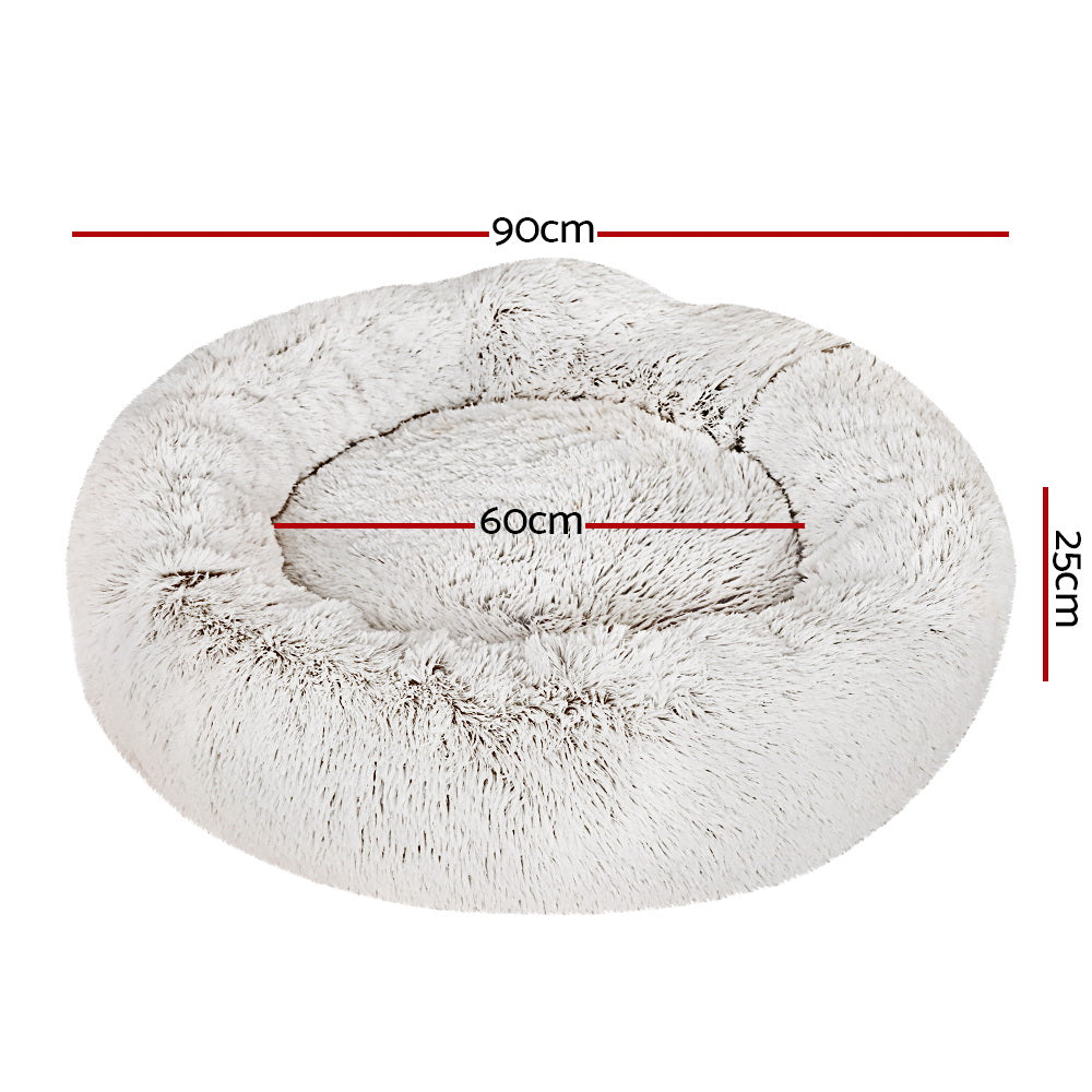 i.Pet Pet Bed Dog Cat 90cm Large Calming Soft Plush White Brown PET-BED-D90-WHBR