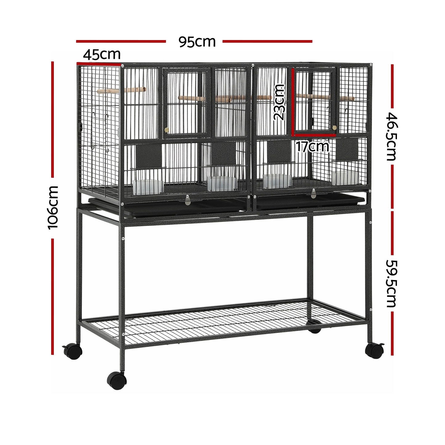 i.Pet 106cm 2-in-1 Bird Cage Aviary with Divider Parrot Budgie Wheels Black PET-BIRDCAGE-H106-BK