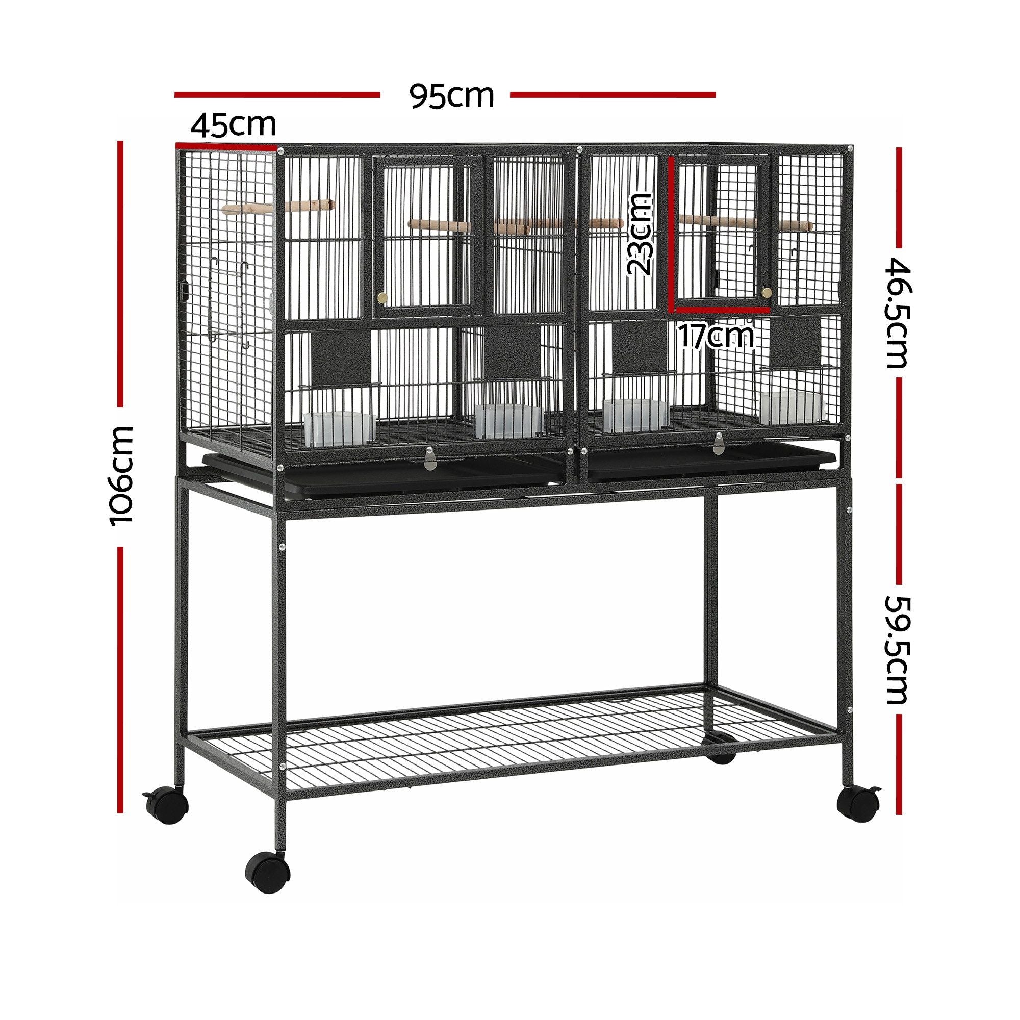 i.Pet 106cm 2-in-1 Bird Cage Aviary with Divider Parrot Budgie Wheels Black PET-BIRDCAGE-H106-BK