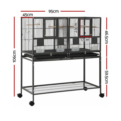i.Pet 106cm 2-in-1 Bird Cage Aviary with Divider Parrot Budgie Wheels Black PET-BIRDCAGE-H106-BK