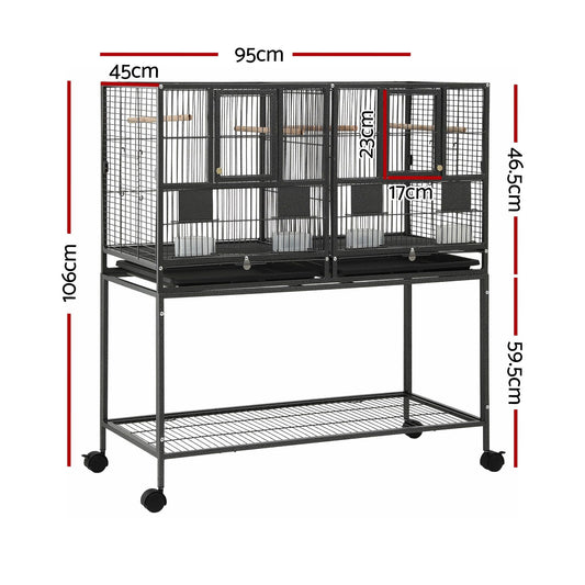 i.Pet 106cm 2-in-1 Bird Cage Aviary with Divider Parrot Budgie Wheels Black PET-BIRDCAGE-H106-BK