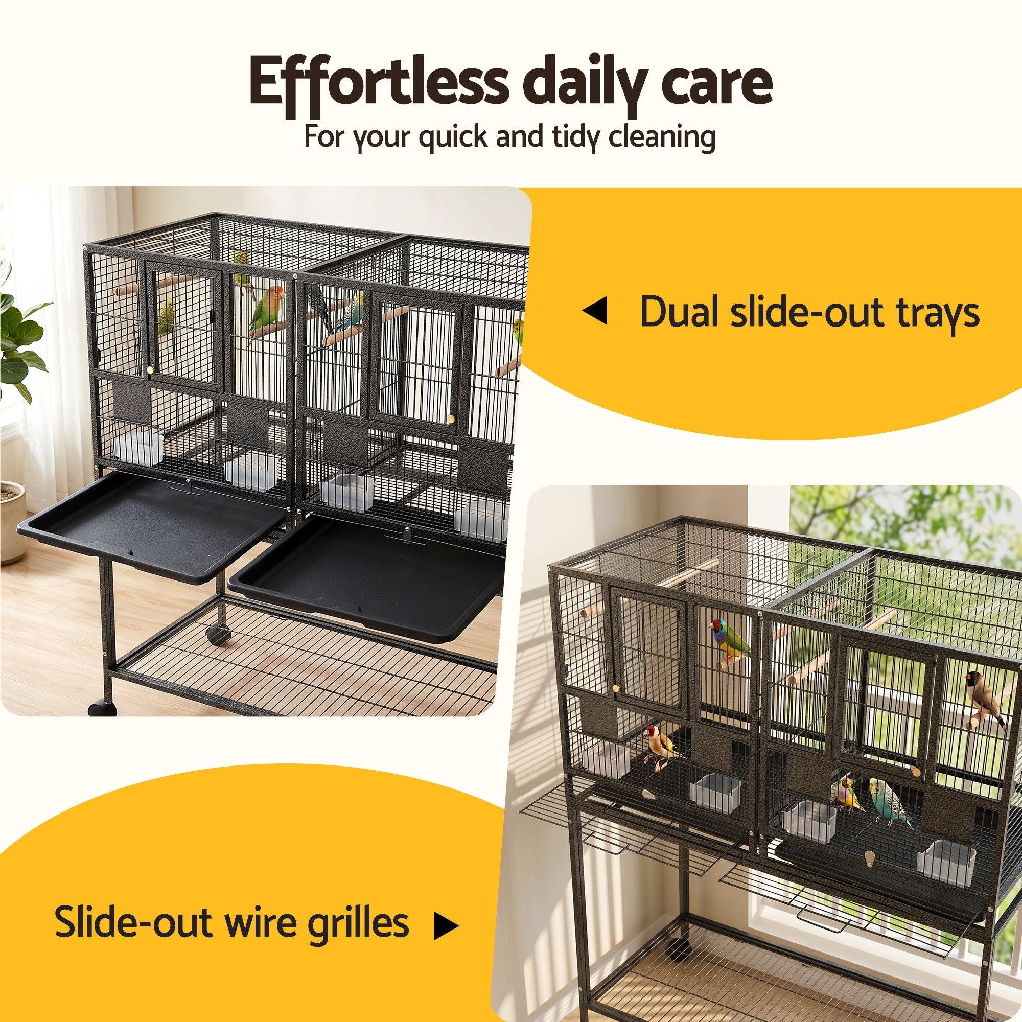 i.Pet 106cm 2-in-1 Bird Cage Aviary with Divider Parrot Budgie Wheels Black PET-BIRDCAGE-H106-BK