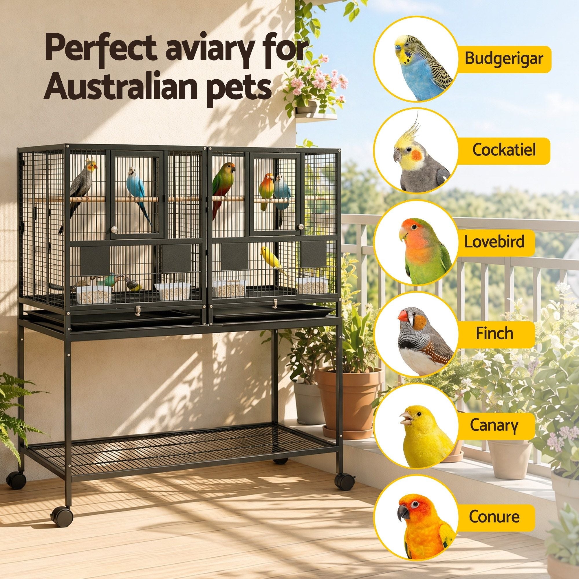 i.Pet 106cm 2-in-1 Bird Cage Aviary with Divider Parrot Budgie Wheels Black PET-BIRDCAGE-H106-BK