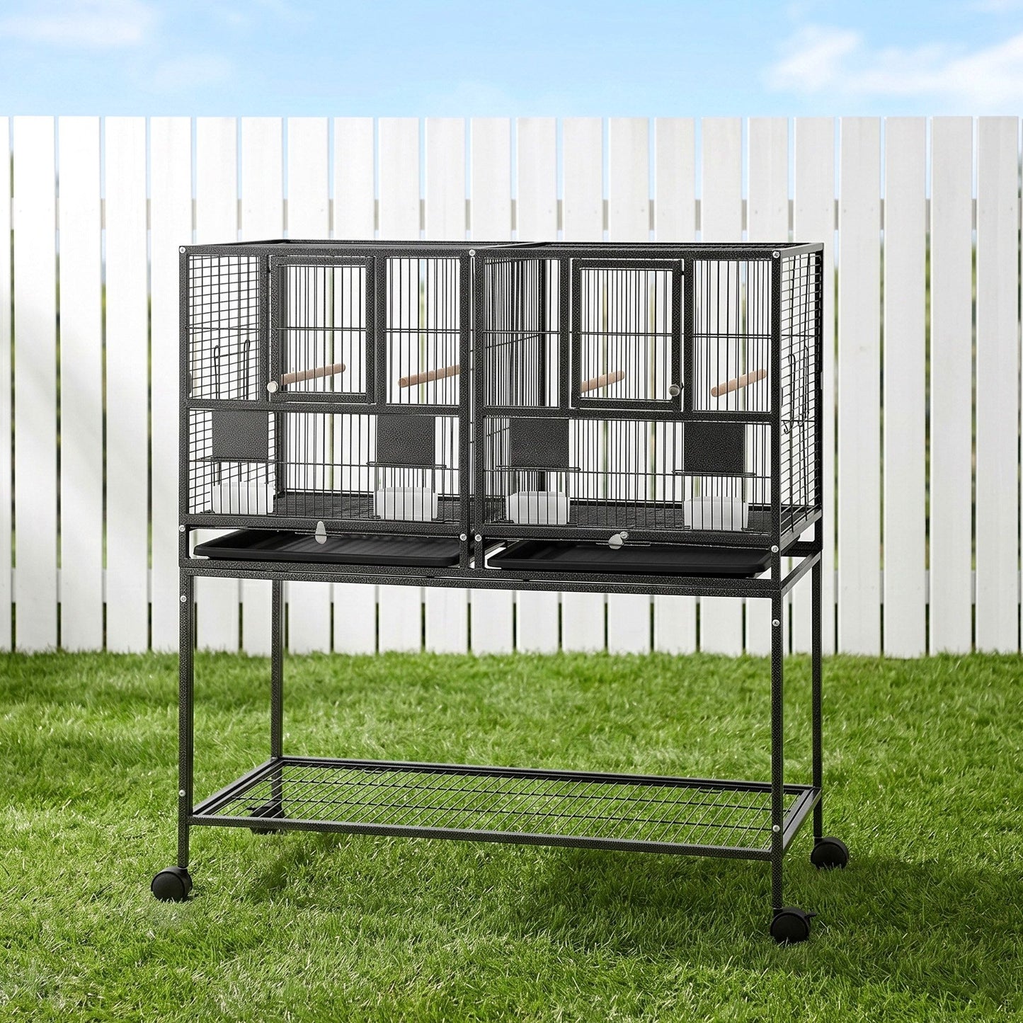 i.Pet 106cm 2-in-1 Bird Cage Aviary with Divider Parrot Budgie Wheels Black PET-BIRDCAGE-H106-BK