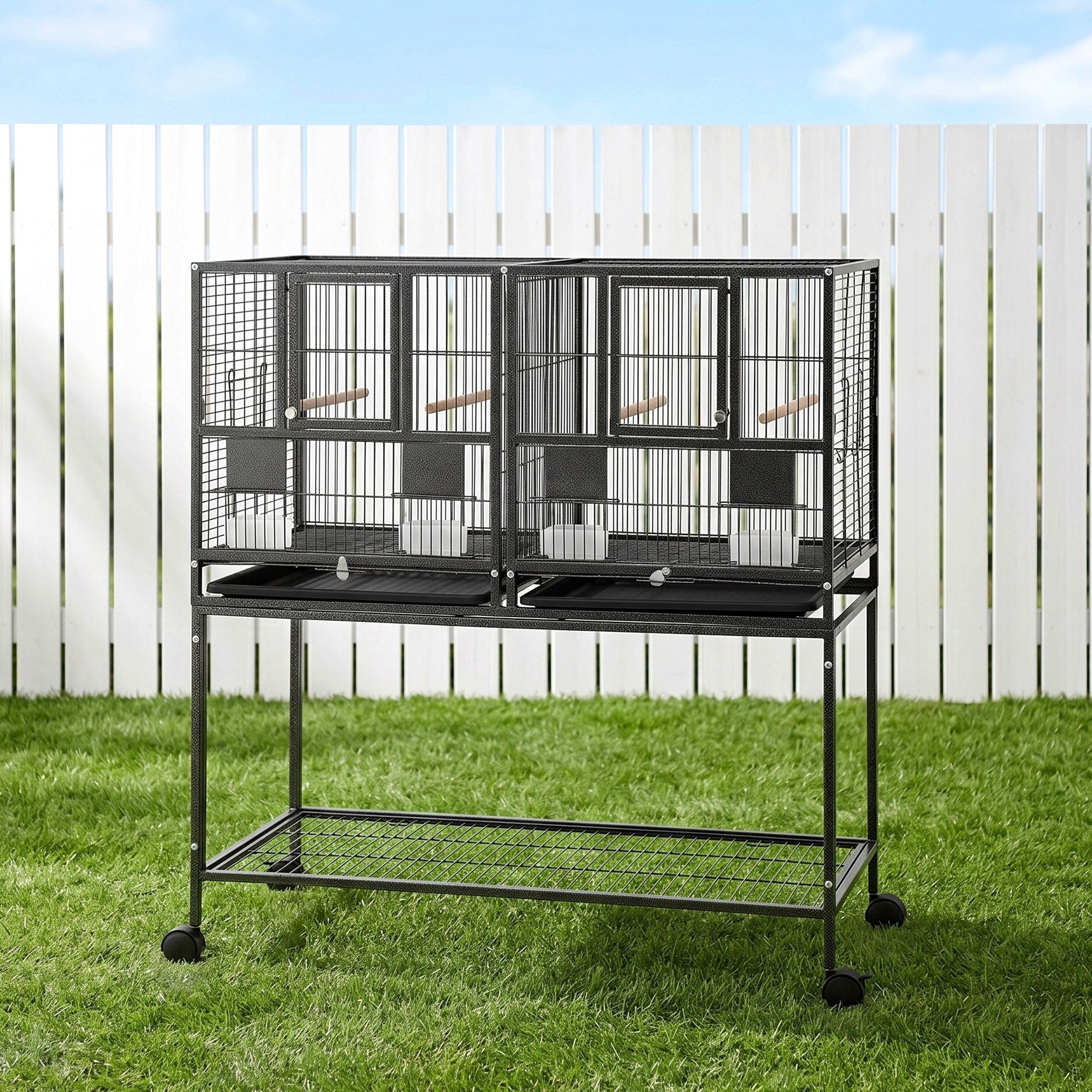 i.Pet 106cm 2-in-1 Bird Cage Aviary with Divider Parrot Budgie Wheels Black PET-BIRDCAGE-H106-BK