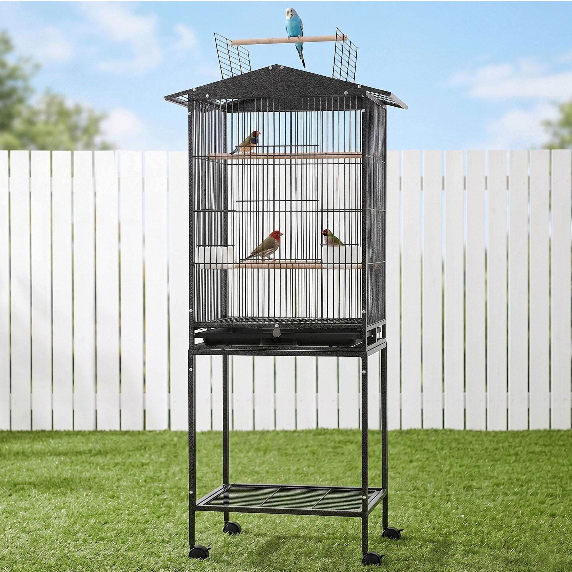 i.Pet 136cm Bird Cage Aviary Open Top Parrot Budgie Stand Wheels Black PET-BIRDCAGE-H136-BK