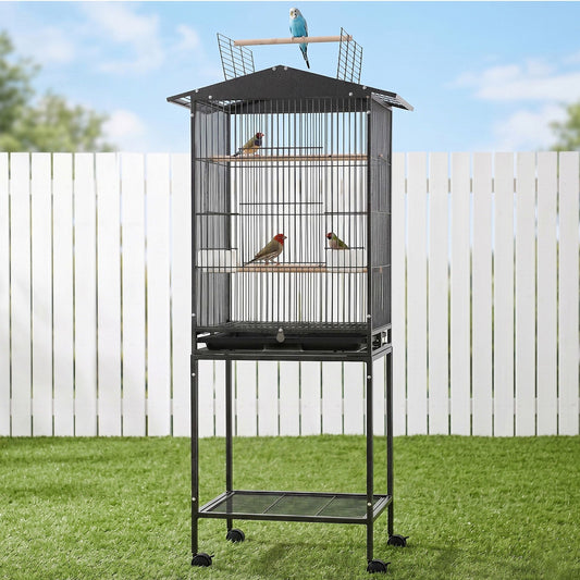 i.Pet 136cm Bird Cage Aviary Open Top Parrot Budgie Stand Wheels Black PET-BIRDCAGE-H136-BK