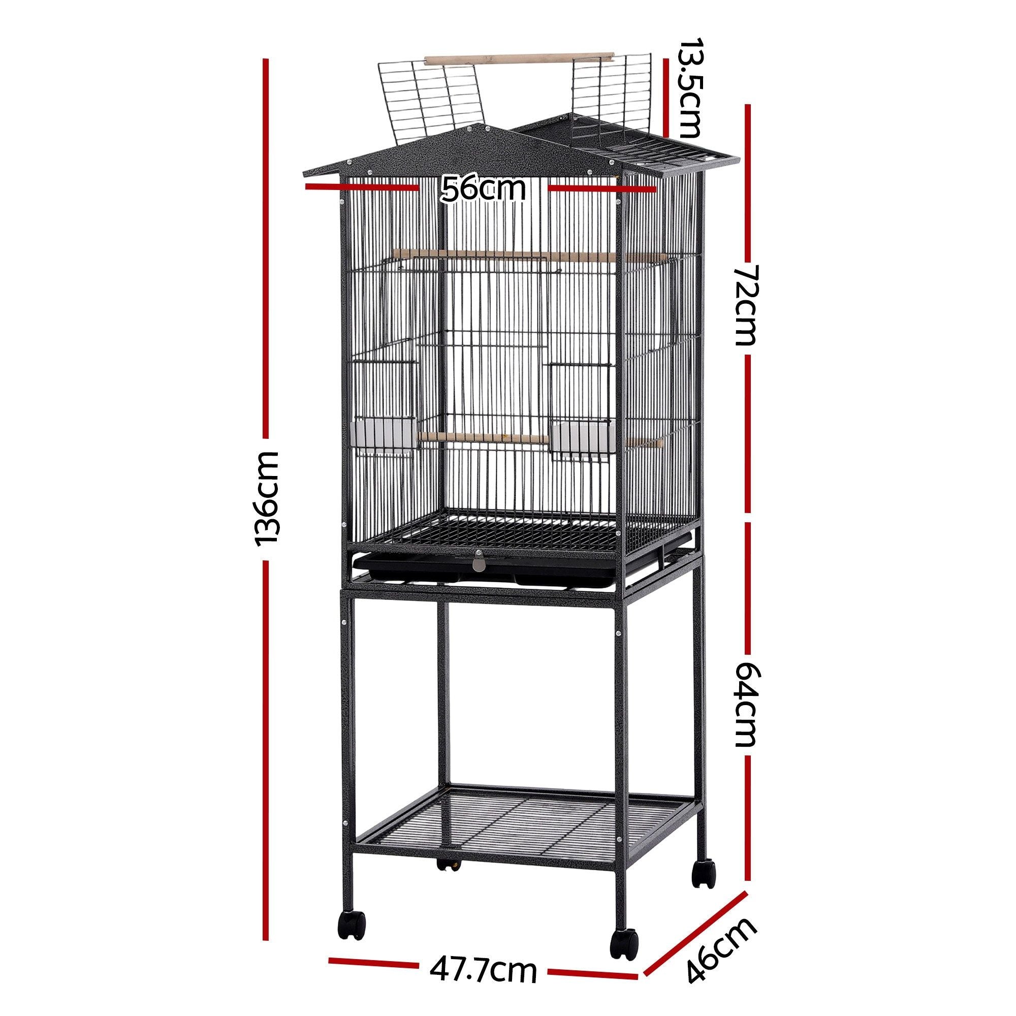 i.Pet 136cm Bird Cage Aviary Open Top Parrot Budgie Stand Wheels Black PET-BIRDCAGE-H136-BK