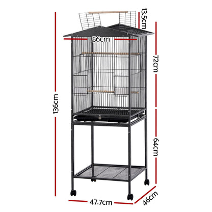 i.Pet 136cm Bird Cage Aviary Open Top Parrot Budgie Stand Wheels Black PET-BIRDCAGE-H136-BK