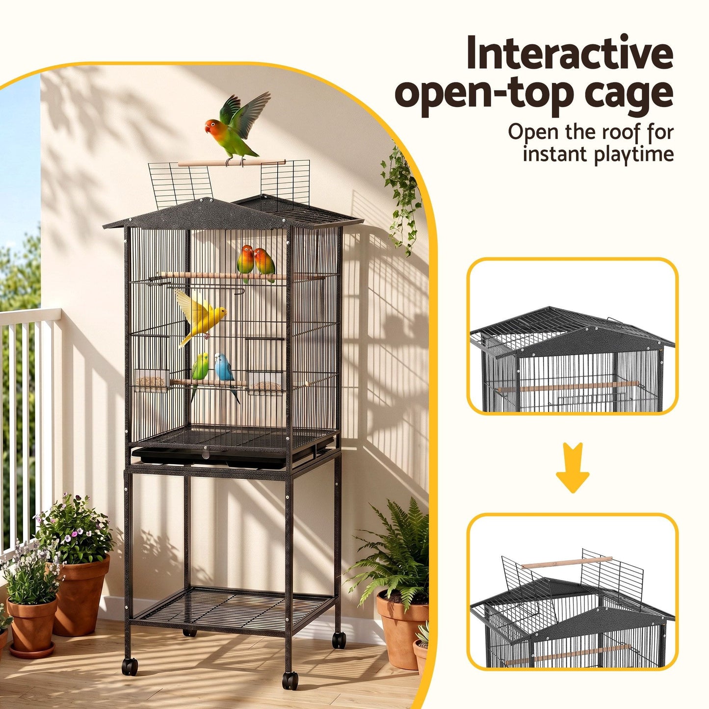 i.Pet 136cm Bird Cage Aviary Open Top Parrot Budgie Stand Wheels Black PET-BIRDCAGE-H136-BK
