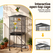 i.Pet 136cm Bird Cage Aviary Open Top Parrot Budgie Stand Wheels Black PET-BIRDCAGE-H136-BK