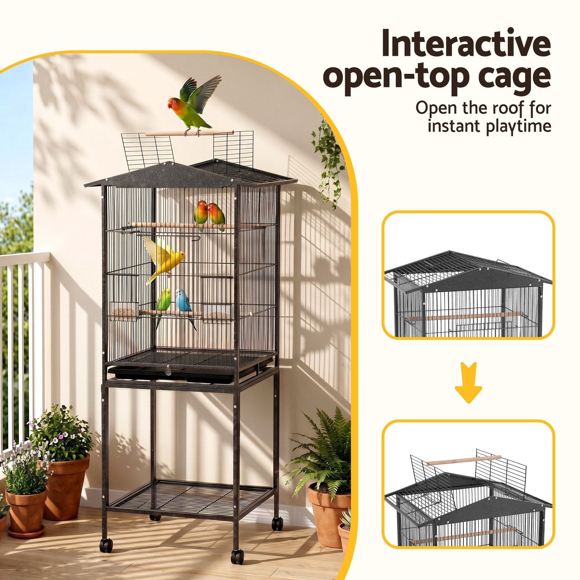 i.Pet 136cm Bird Cage Aviary Open Top Parrot Budgie Stand Wheels Black PET-BIRDCAGE-H136-BK