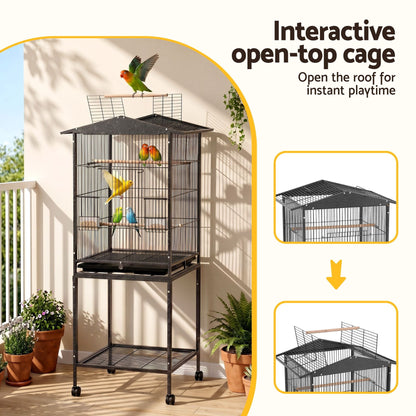 i.Pet 136cm Bird Cage Aviary Open Top Parrot Budgie Stand Wheels Black PET-BIRDCAGE-H136-BK