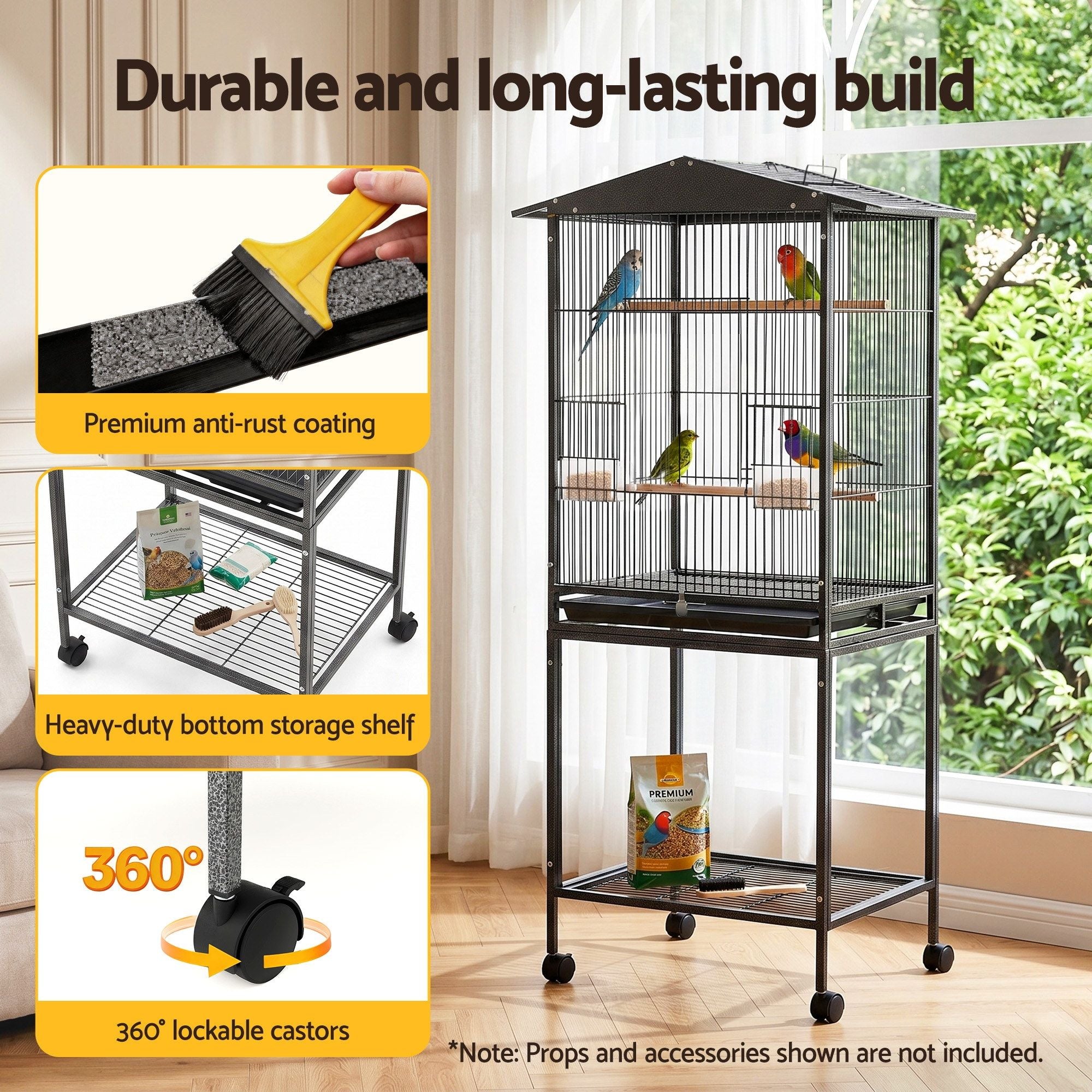 i.Pet 136cm Bird Cage Aviary Open Top Parrot Budgie Stand Wheels Black PET-BIRDCAGE-H136-BK