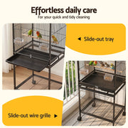 i.Pet 136cm Bird Cage Aviary Open Top Parrot Budgie Stand Wheels Black PET-BIRDCAGE-H136-BK