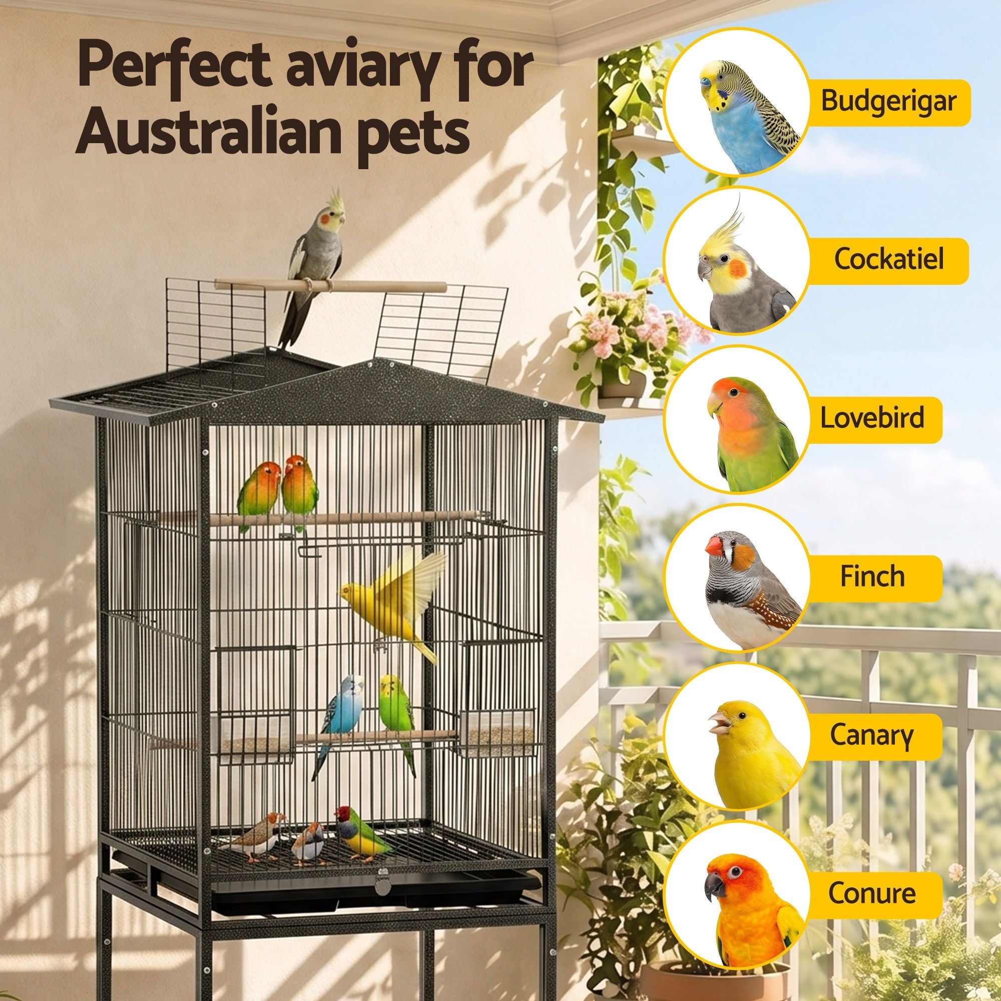 i.Pet 136cm Bird Cage Aviary Open Top Parrot Budgie Stand Wheels Black PET-BIRDCAGE-H136-BK