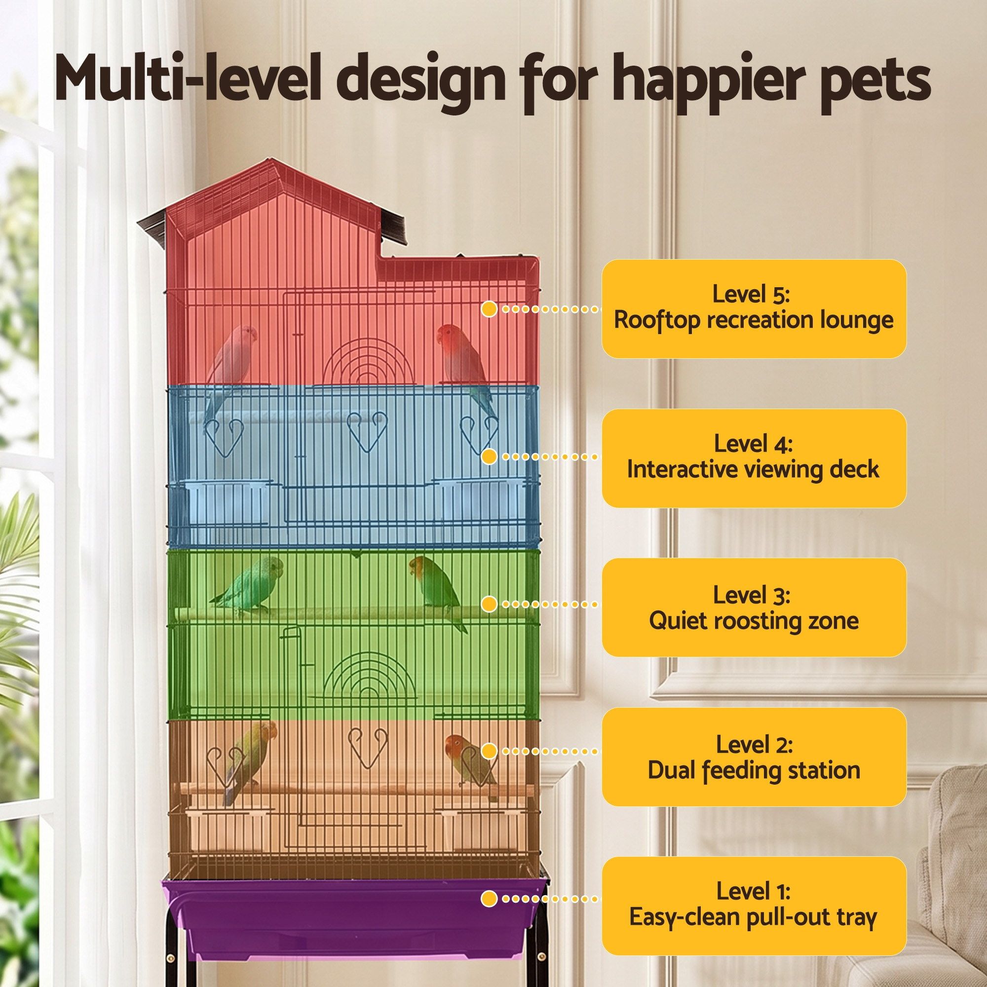 i.Pet 158cm Bird Cage Aviary Parrot Budgie Stand Wheels Black