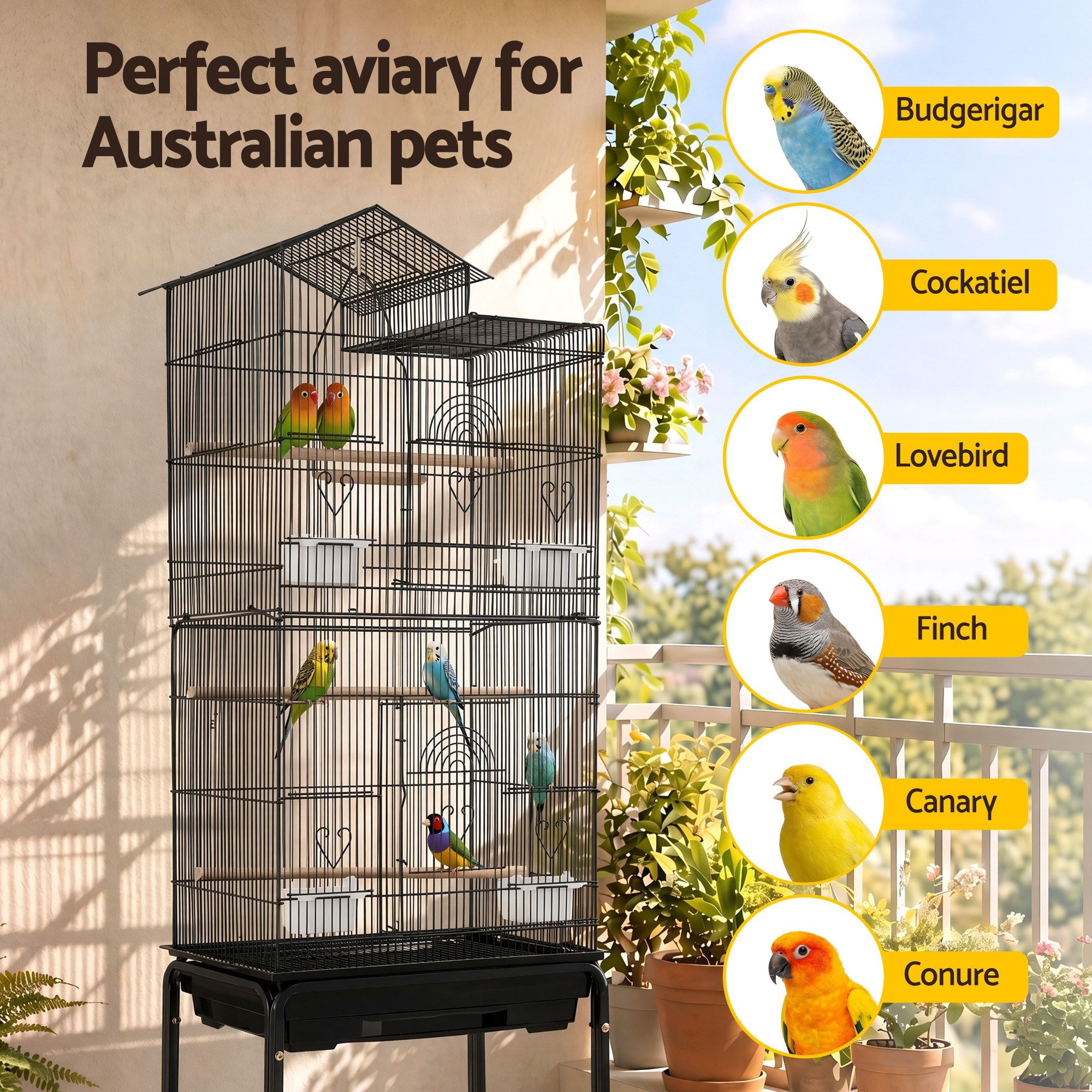 i.Pet 158cm Bird Cage Aviary Parrot Budgie Stand Wheels Black