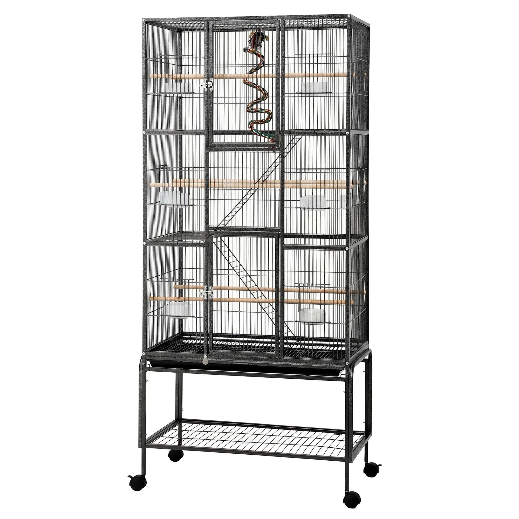 i.Pet 176cm 3-Tier Large Bird Cage Aviary with Ladder Parrot Budgie Wheels Black PET-BIRDCAGE-H176-BK