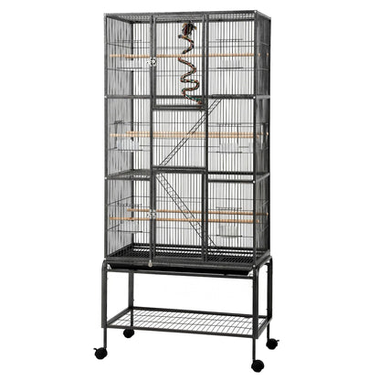 i.Pet 176cm 3-Tier Large Bird Cage Aviary with Ladder Parrot Budgie Wheels Black PET-BIRDCAGE-H176-BK