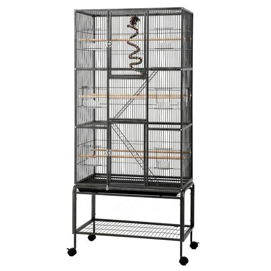 i.Pet 176cm 3-Tier Large Bird Cage Aviary with Ladder Parrot Budgie Wheels Black PET-BIRDCAGE-H176-BK