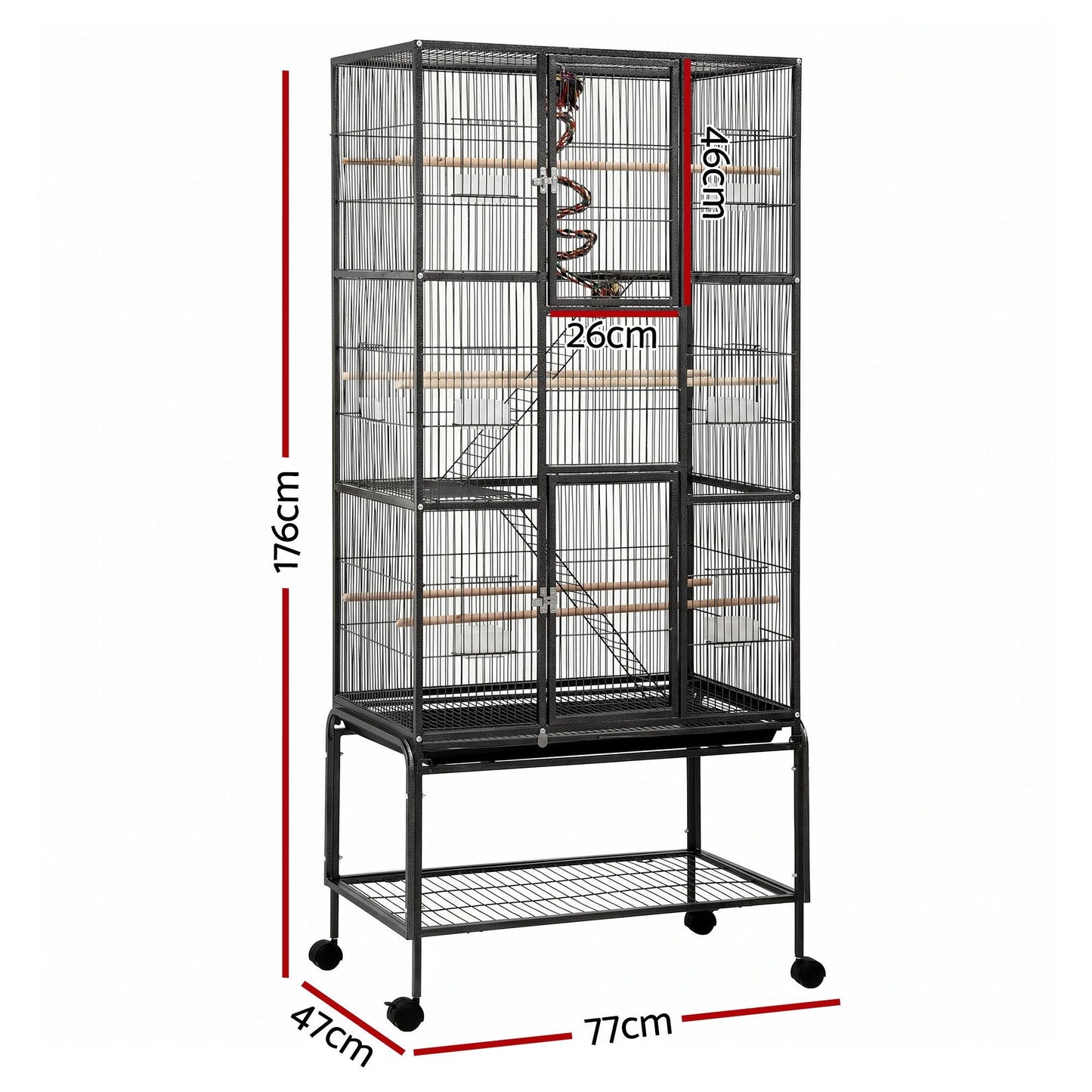 i.Pet 176cm 3-Tier Large Bird Cage Aviary with Ladder Parrot Budgie Wheels Black PET-BIRDCAGE-H176-BK