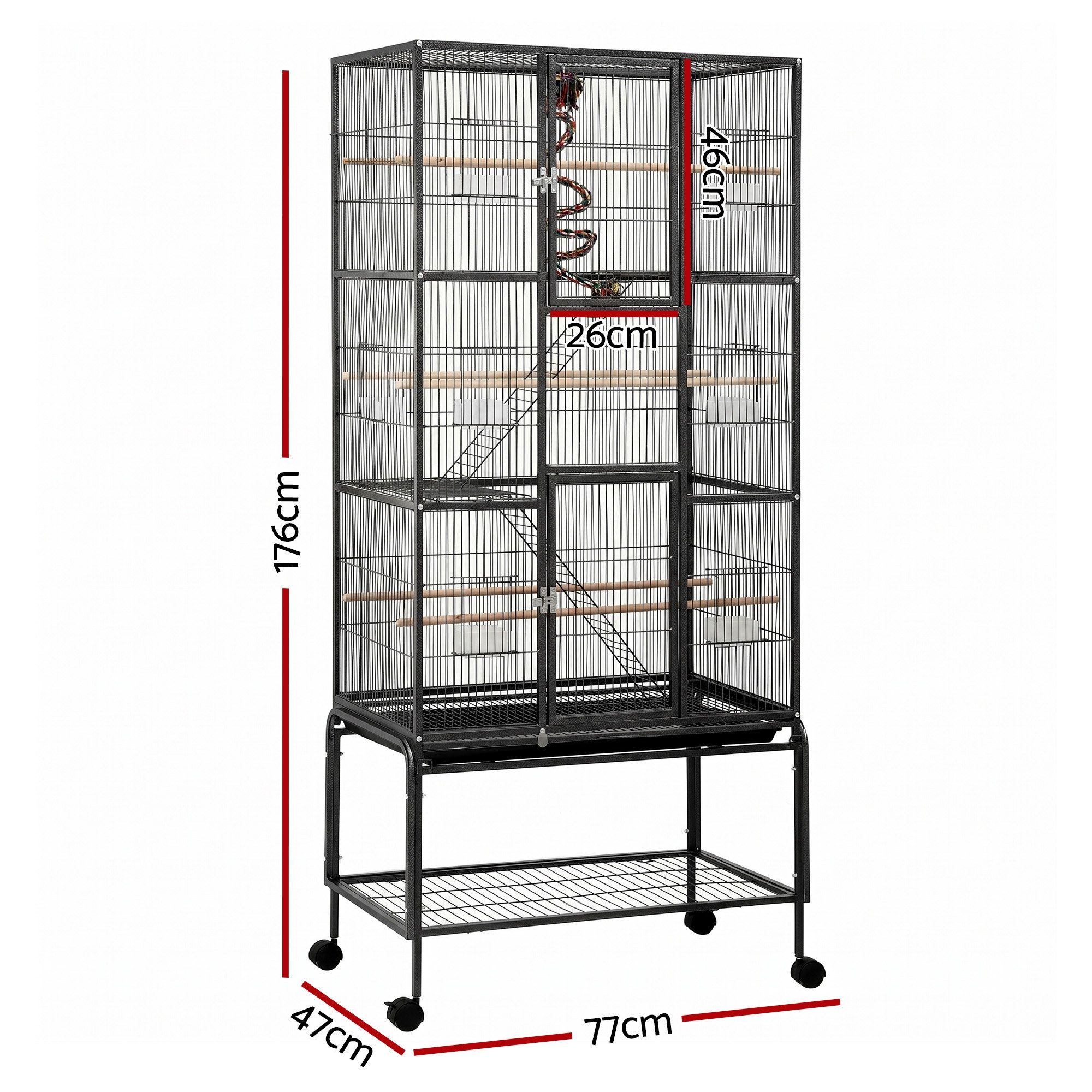 i.Pet 176cm 3-Tier Large Bird Cage Aviary with Ladder Parrot Budgie Wheels Black PET-BIRDCAGE-H176-BK