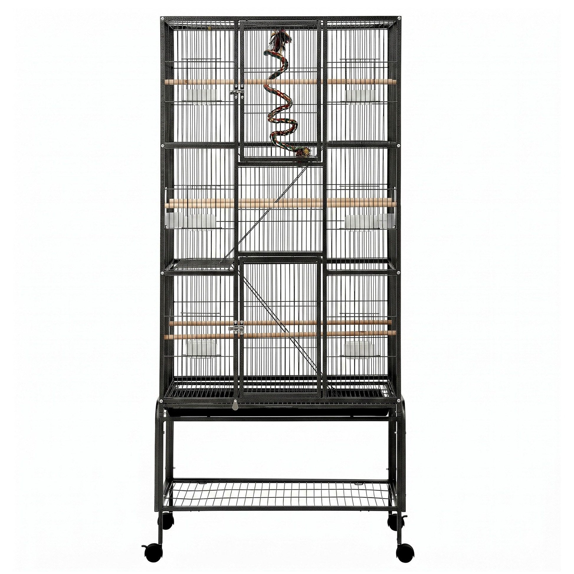 i.Pet 176cm 3-Tier Large Bird Cage Aviary with Ladder Parrot Budgie Wheels Black PET-BIRDCAGE-H176-BK