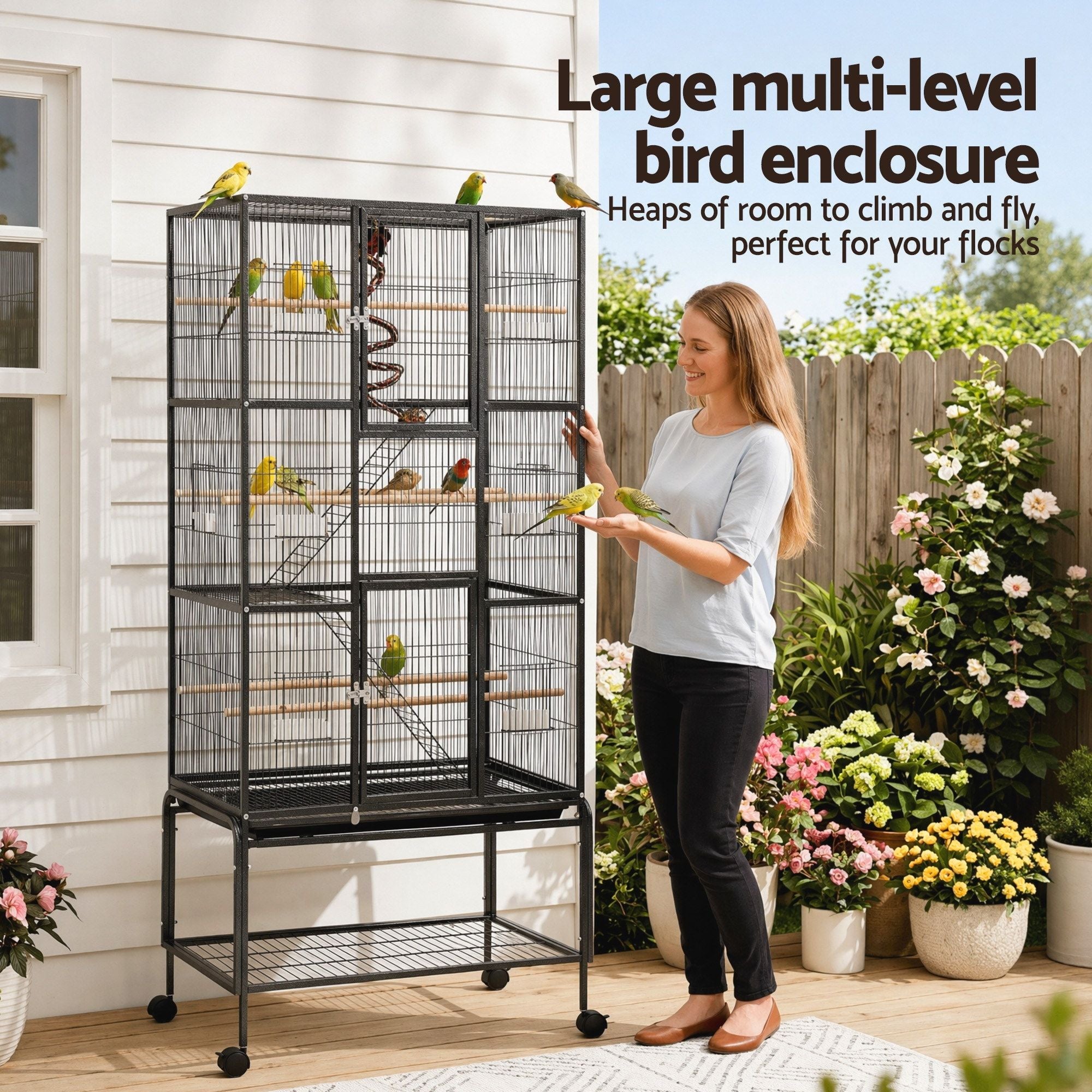 i.Pet 176cm 3-Tier Large Bird Cage Aviary with Ladder Parrot Budgie Wheels Black PET-BIRDCAGE-H176-BK