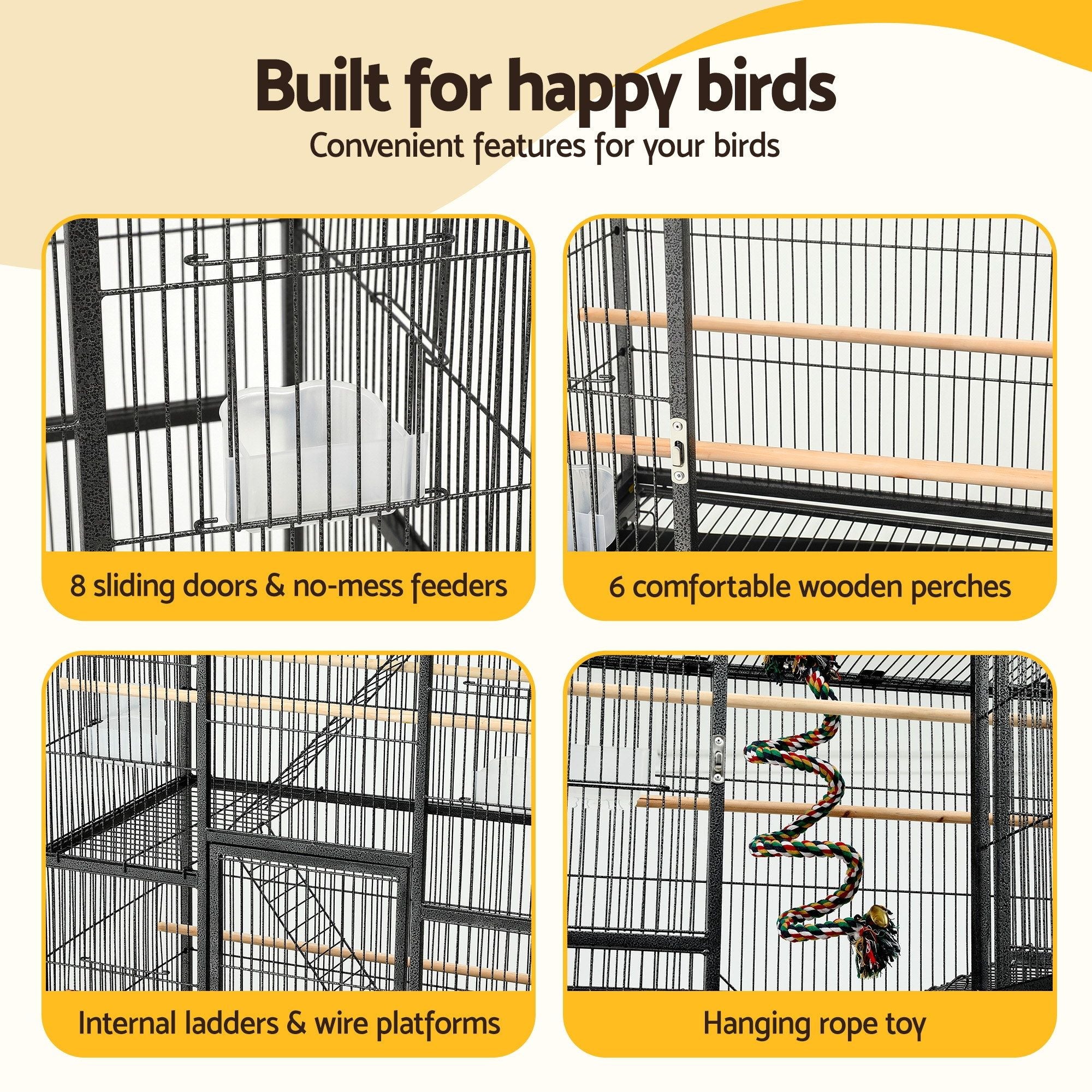 i.Pet 176cm 3-Tier Large Bird Cage Aviary with Ladder Parrot Budgie Wheels Black PET-BIRDCAGE-H176-BK