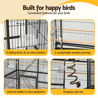 i.Pet 176cm 3-Tier Large Bird Cage Aviary with Ladder Parrot Budgie Wheels Black PET-BIRDCAGE-H176-BK