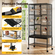 i.Pet 176cm 3-Tier Large Bird Cage Aviary with Ladder Parrot Budgie Wheels Black PET-BIRDCAGE-H176-BK