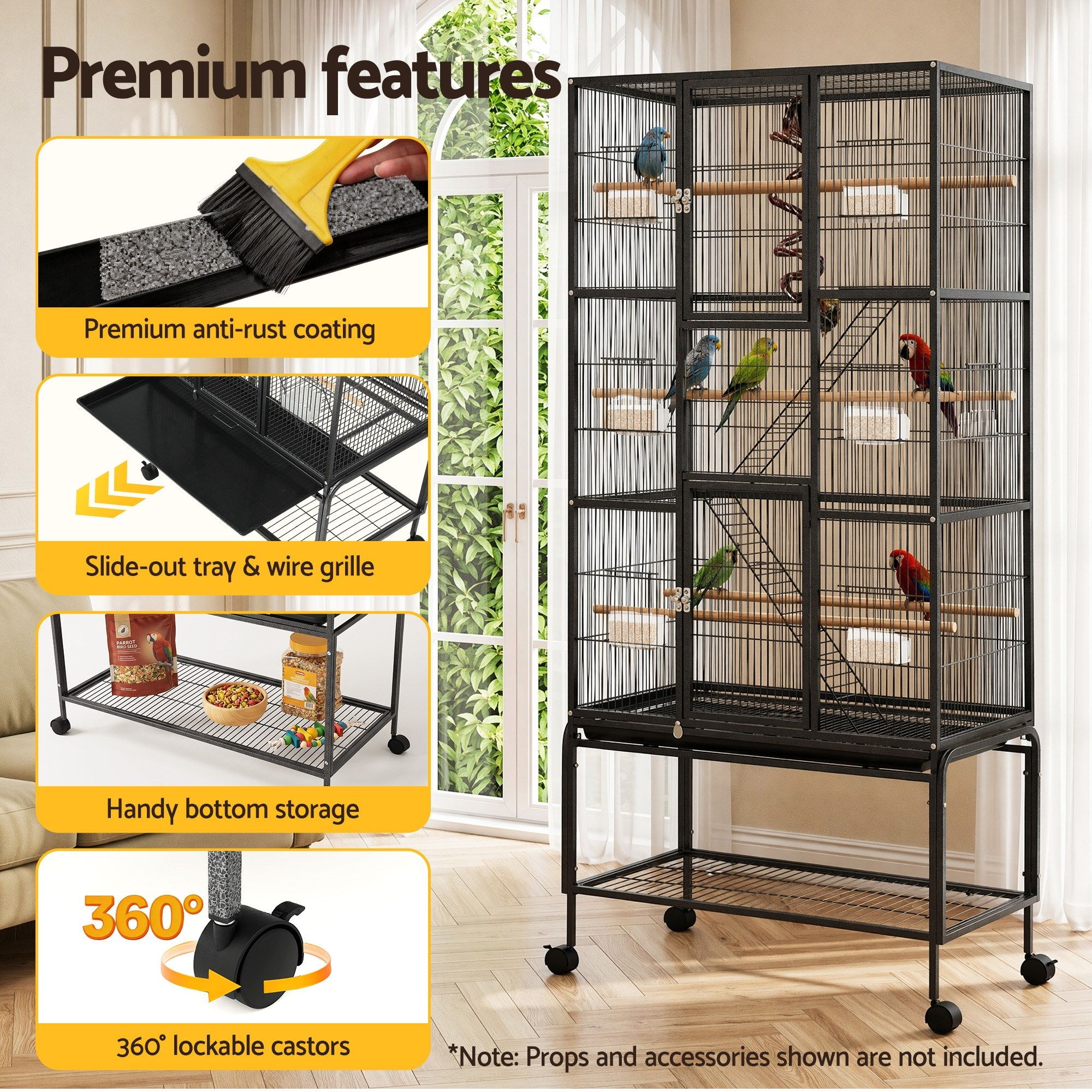 i.Pet 176cm 3-Tier Large Bird Cage Aviary with Ladder Parrot Budgie Wheels Black PET-BIRDCAGE-H176-BK