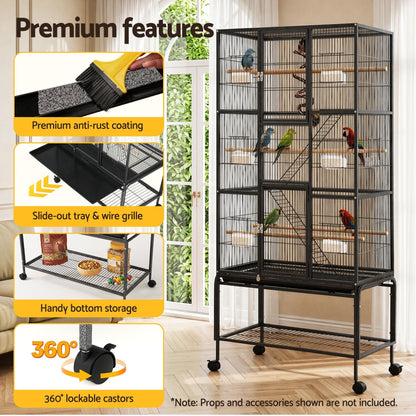 i.Pet 176cm 3-Tier Large Bird Cage Aviary with Ladder Parrot Budgie Wheels Black PET-BIRDCAGE-H176-BK