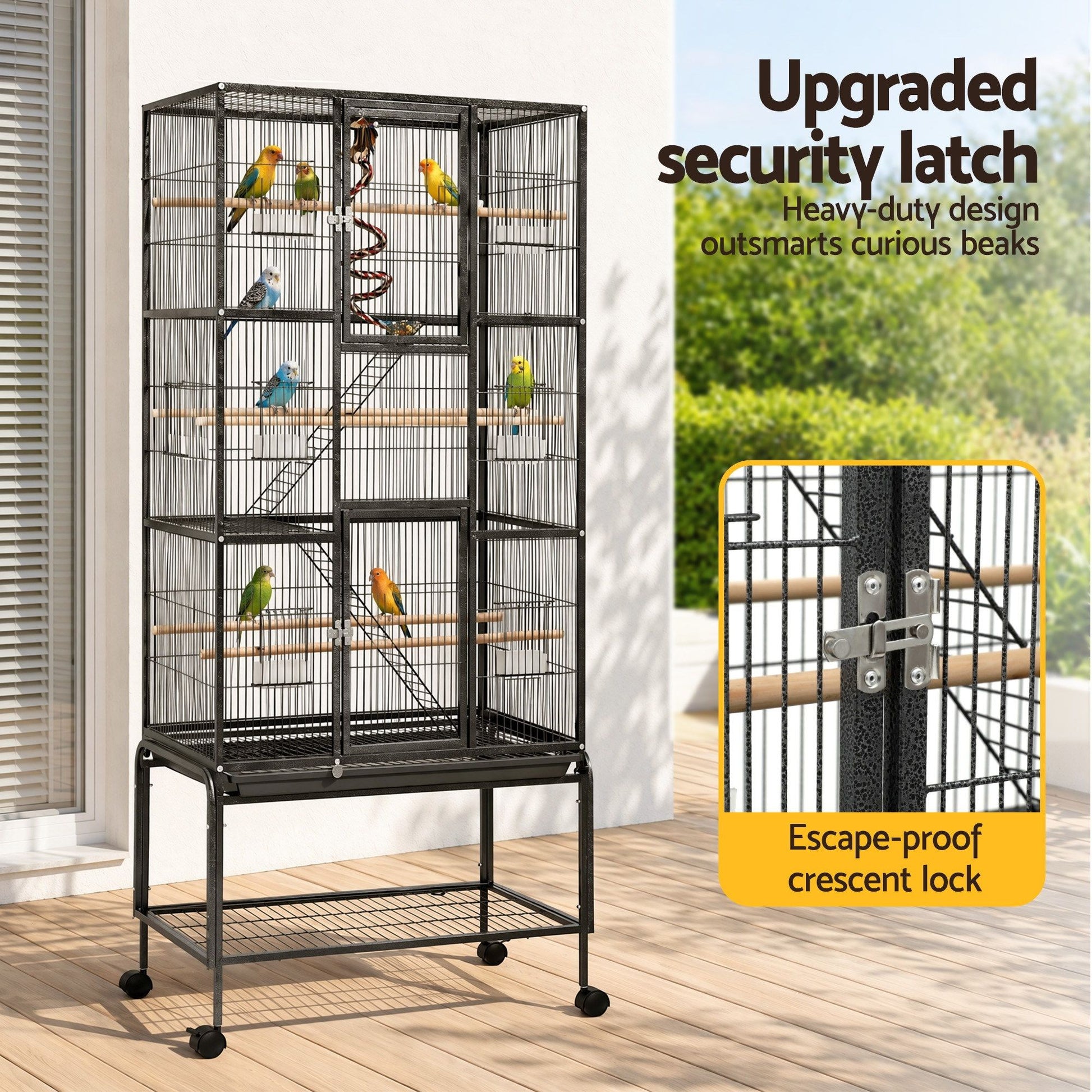 i.Pet 176cm 3-Tier Large Bird Cage Aviary with Ladder Parrot Budgie Wheels Black PET-BIRDCAGE-H176-BK