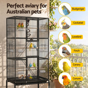 i.Pet 176cm 3-Tier Large Bird Cage Aviary with Ladder Parrot Budgie Wheels Black PET-BIRDCAGE-H176-BK
